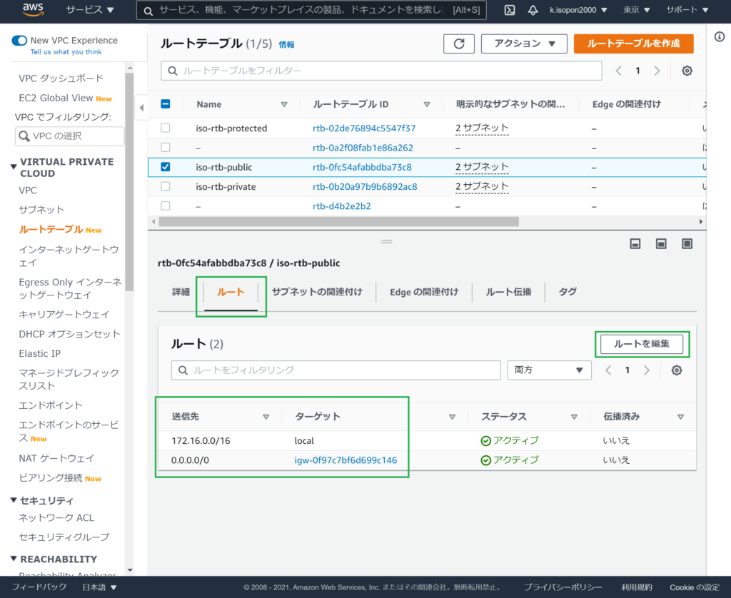 AWSのルートテーブルの送信先設定